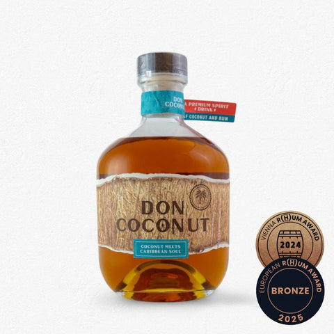 Don Coconut – Premium Spirit Drink of Coconut and Rum in Kokosnuss-Optik-Flasche, 40 % vol., 0,7 L – karibischer Kokosrum für puren Genuss, Kaffee oder Piña Colada bei Rumzentrum.at