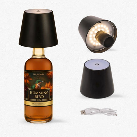 Schwarze LED-Flaschenlampe mit USB-C und dimmbarer Beleuchtung für Spirituosenflaschen